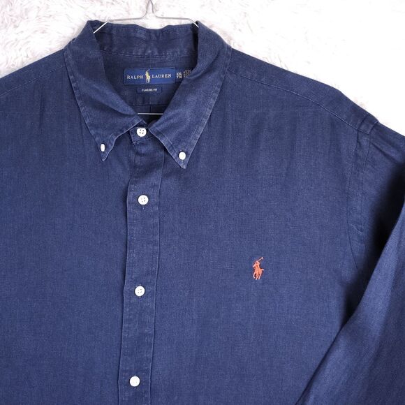 Vintage 90s Polo Ralph Lauren Dark Blue Classic Fit Long Sleeve Red Pony XXL - Picture 2 of 10